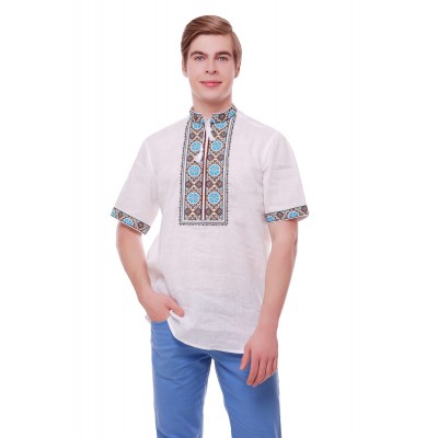 Рубашка вышиванка мужская Васильки (лён белый) 