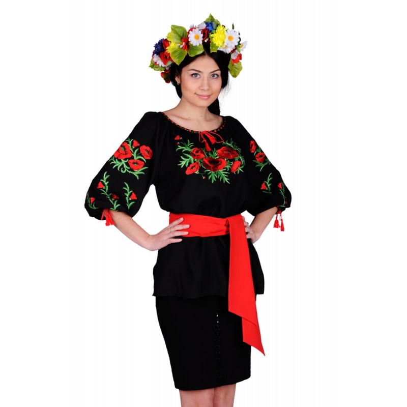 Блузка вышиванка женская Маковая роса (штапель черный)