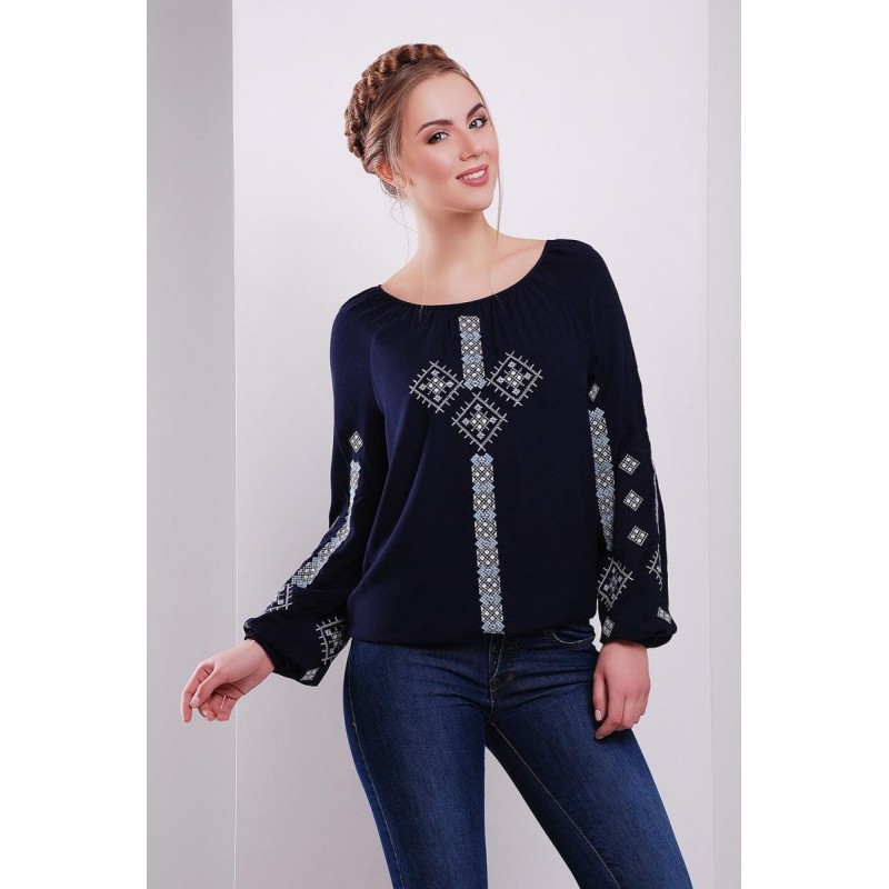 Блузка вышиванка женская Обереговая (штапель темно-синий)
