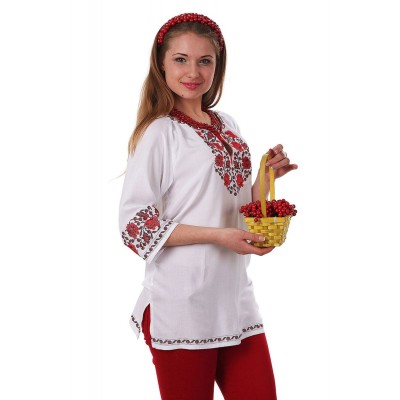 Блузка вышиванка женская Трояндовые росы (штапель белый) 